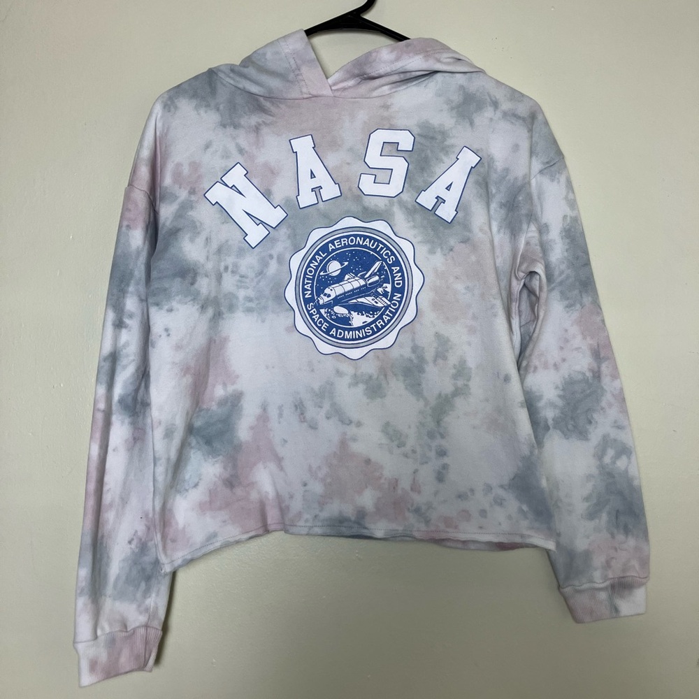 FIFTH SUN NASA Tie Dye Crop Hoodie Sweatshirt Pink Gray White XS